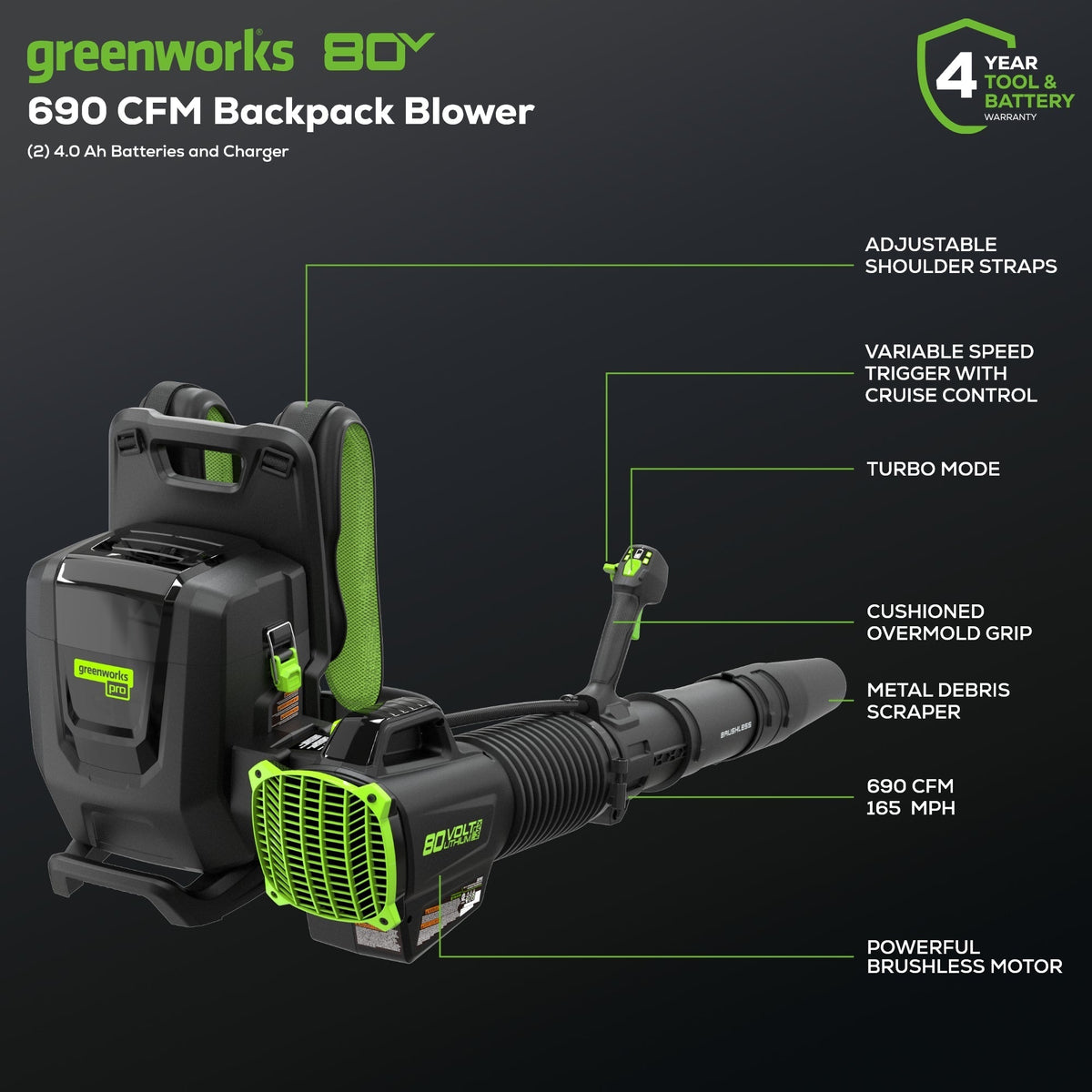 BLB492 Cordless Backpack Blower Kit 80V 4.0Ah